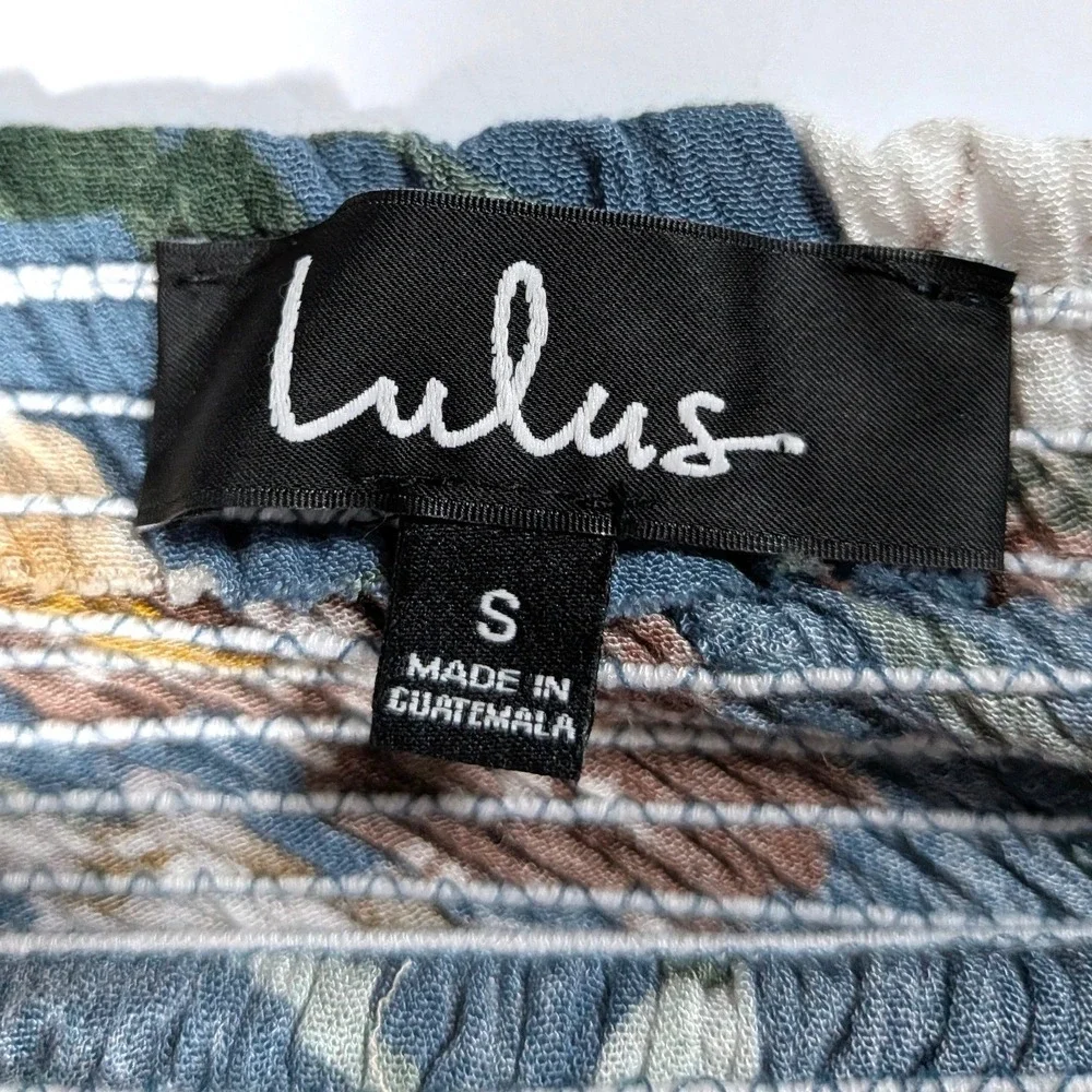 Lulus Balsam Teal Blue Floral Print Smocked Off-the-Shoulder Crop Top Size S